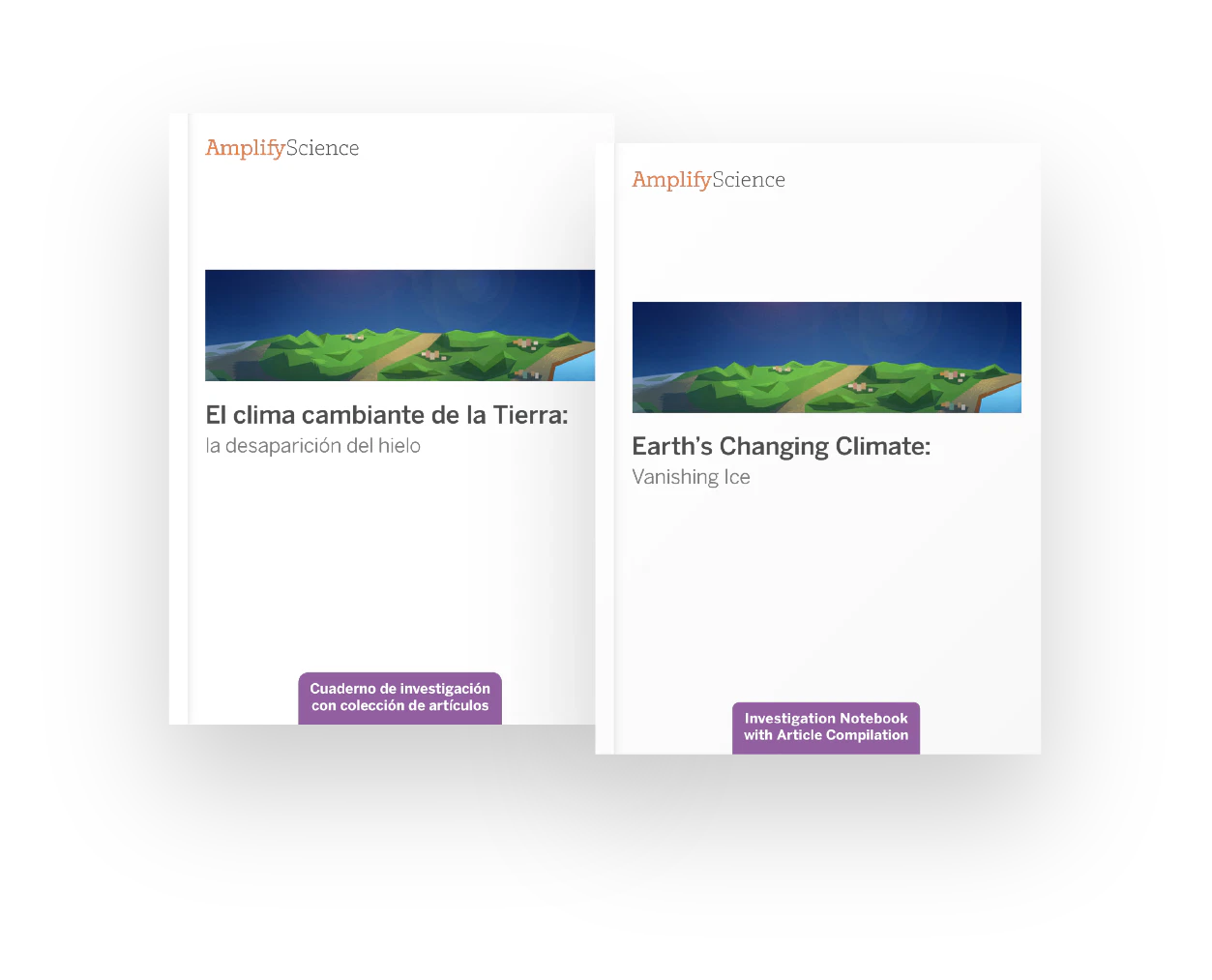 Dos portadas de libros de ciencias una al lado de la otra. Portada izquierda en español titulada "El clima cambiante de la Tierra: la desaparición del hielo". Portada derecha en inglés titulada "El clima cambiante de la Tierra: hielo desaparecido".