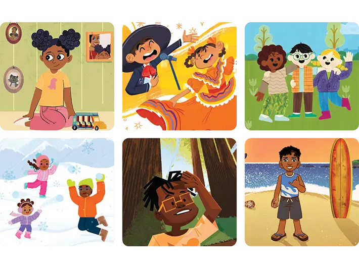 Ilustración que presenta seis paneles diversos con niños en diversas actividades: jugando adentro, bailando, en otoño, en la nieve del invierno, relajándose bajo un árbol y en la playa.