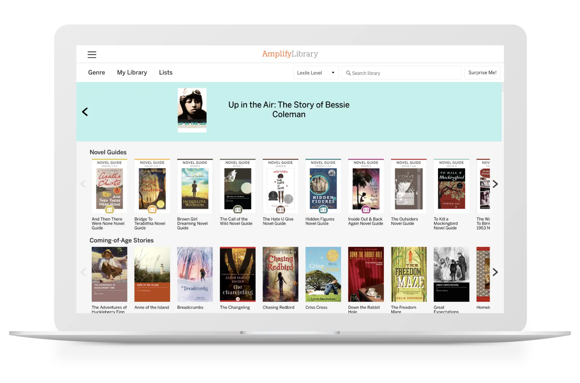 Una pantalla de computadora portátil muestra la interfaz de la Biblioteca Amplify que muestra varios títulos de libros, incluido "Up in the Air: The Story of Bessie Coleman" en la parte superior central, dentro de categorías como Guías de novelas e Historias sobre la mayoría de edad.