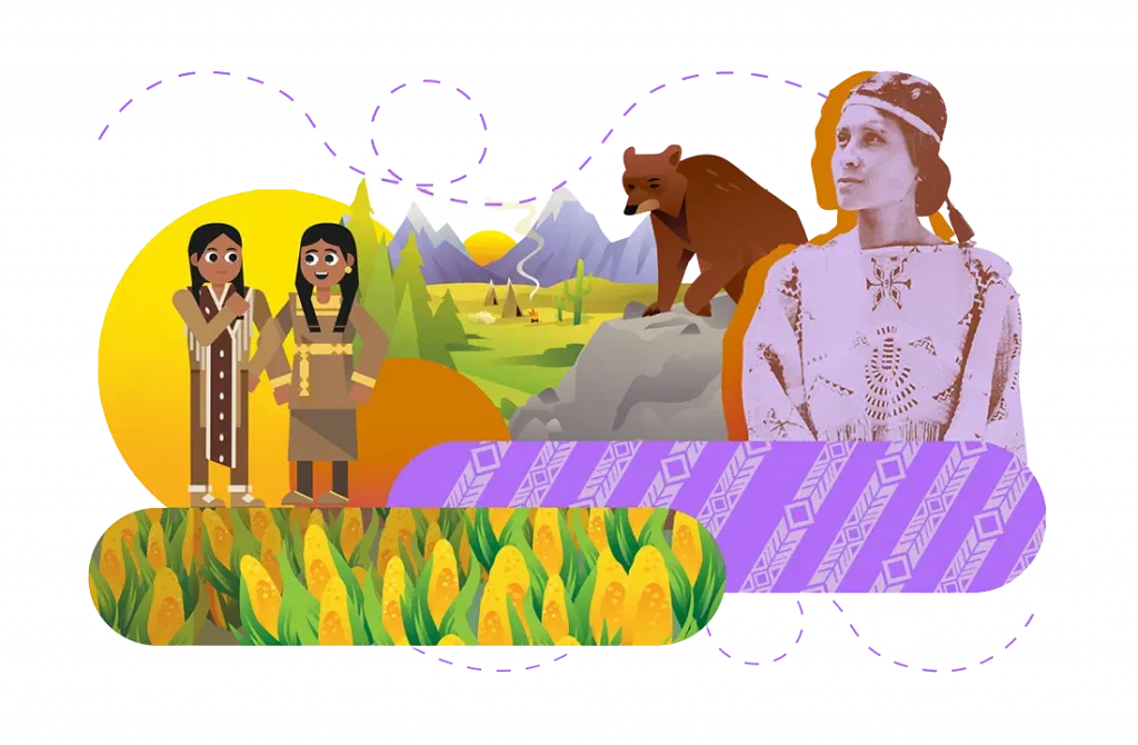 Illustration showing diverse cultural representations: two native american figures, a bear in a forest, and a medieval european woman, all set against colorful abstract backgrounds.
