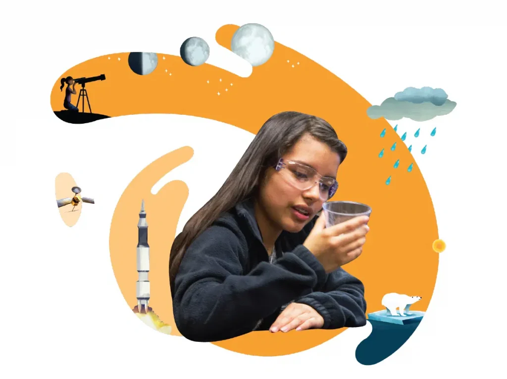 Una persona que lleva gafas de seguridad examina un vaso de precipitados, rodeado de ilustraciones de un telescopio, planetas, un cohete, un iceberg derritiéndose con un oso polar y gotas de lluvia.