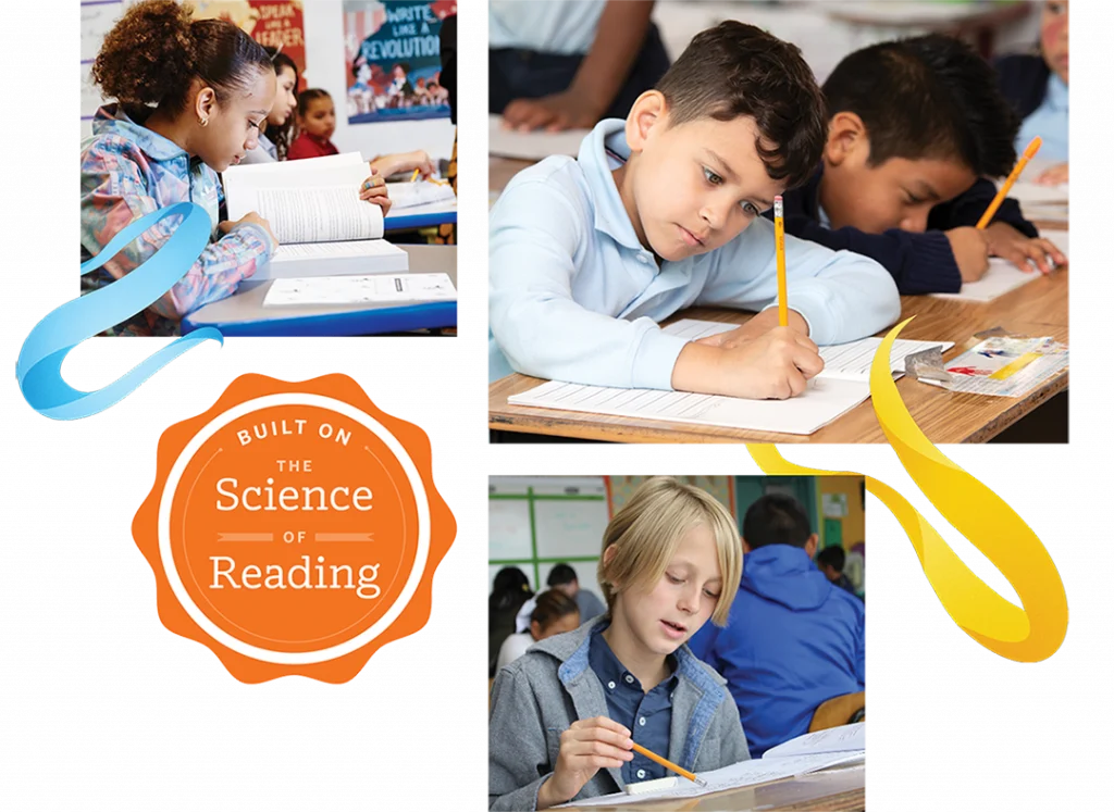 Three children sit at desks in a classroom, writing in notebooks. An orange badge reads "Built on the Science of Reading.