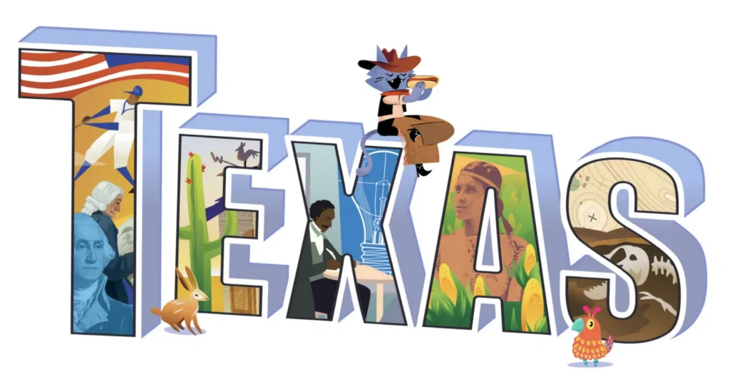 Colorful illustration spelling "texas" with each letter depicting various elements of the state's culture and nature, including historical figures, wildlife, and a cowboy.
