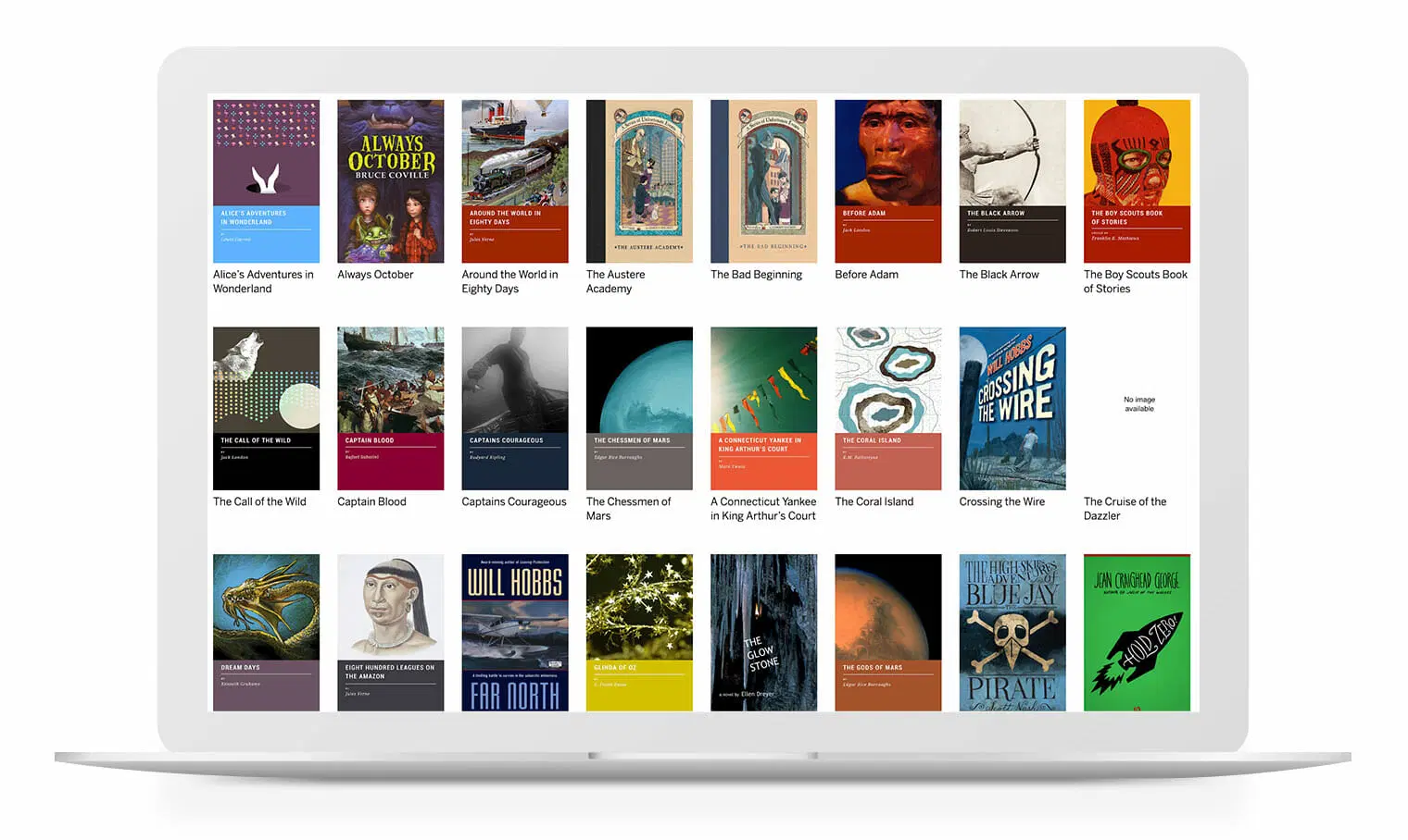 La pantalla de una computadora portátil muestra una cuadrícula de varias portadas de libros, incluidos títulos como "Las aventuras de Alicia en el país de las maravillas", "Siempre octubre" y "La vuelta al mundo en ochenta días".