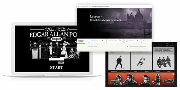 Imagen de una pantalla de computadora que muestra un curso educativo en línea titulado "¿Quién mató a Edgar Allan Poe?" con pantallas de lecciones diseñadas con un tema de detectives en blanco y negro.