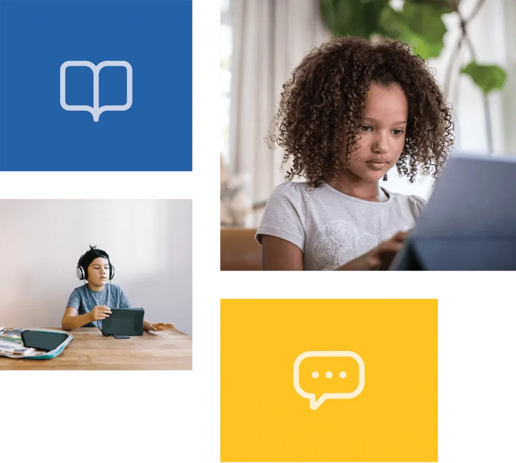 Una niña usa una computadora portátil mientras está sentada en una mesa. Cerca de allí, un niño con auriculares también utiliza una tableta. La imagen incluye íconos de un libro y una burbuja de chat.