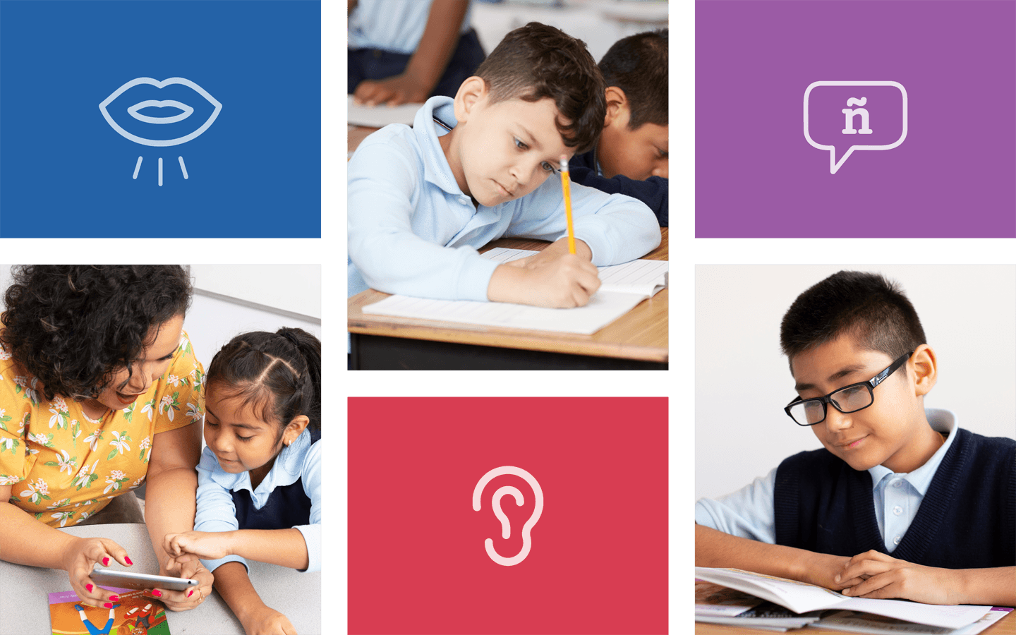 Collage de escenas e íconos educativos: arriba a la izquierda, símbolo de "labios"; medio, niño estudiando en clase; arriba a la derecha, logotipo "in" dentro del bocadillo; abajo a la izquierda,