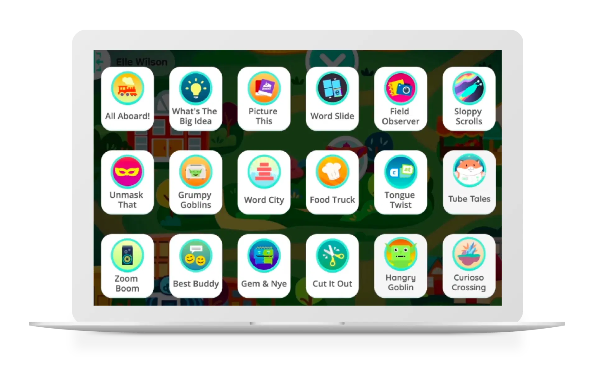 Una pantalla de computadora portátil que muestra una cuadrícula de íconos de juegos educativos, incluidos títulos como "Word Slide", "Field Observer", "Grumpy Goblins" y "Curioso Crossing".