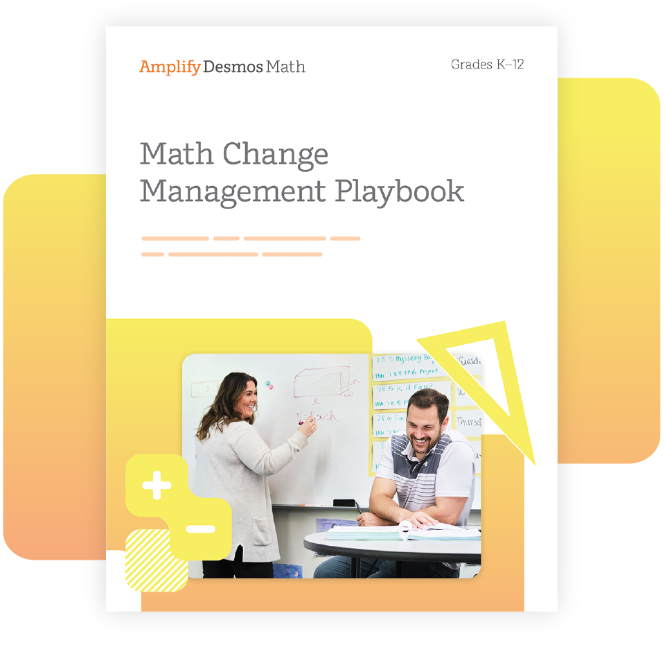 Portada del libro "Math Change Management Playbook" de Amplify Desmos Math, que muestra a dos personas colaborando en una pizarra.