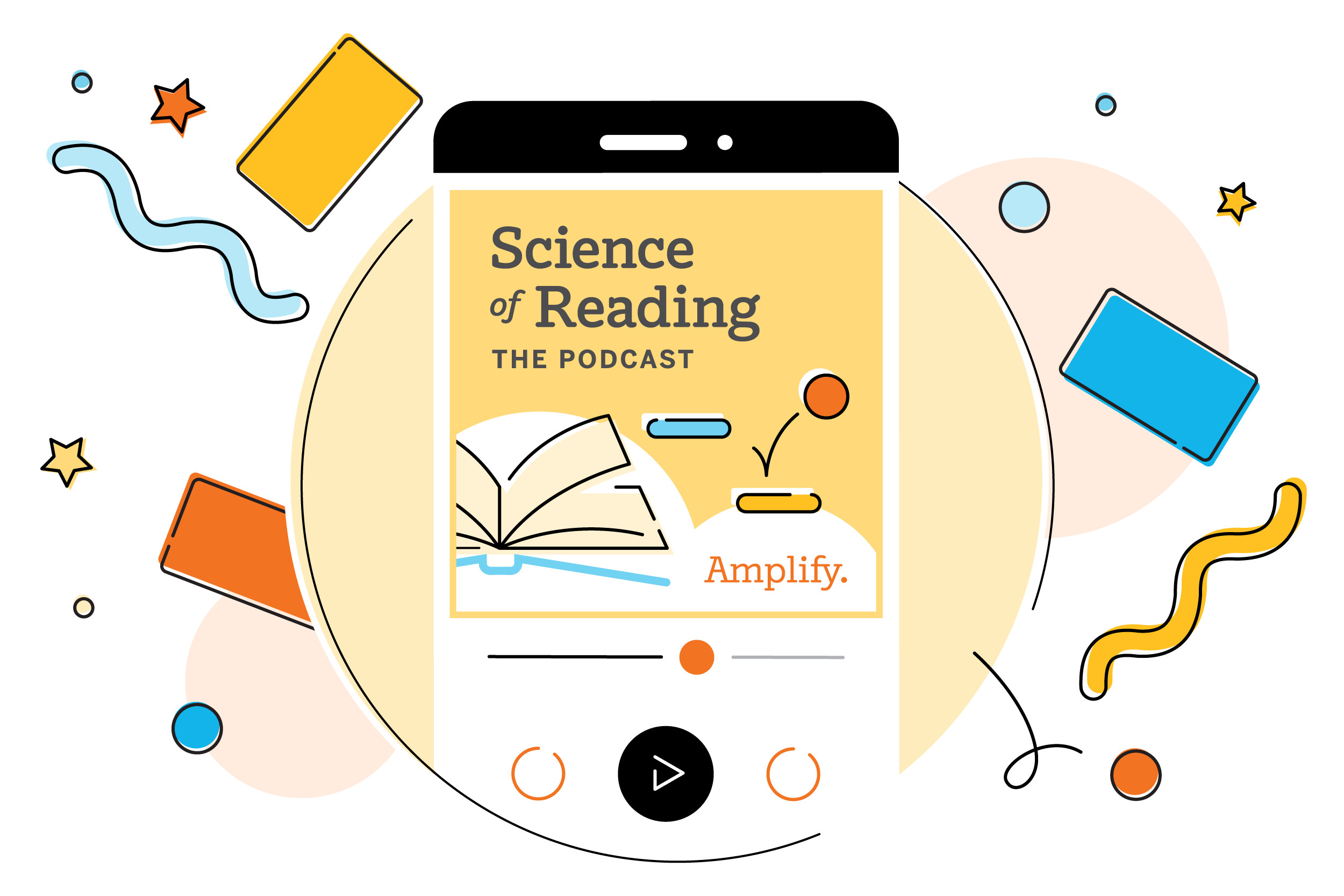 Ilustración de la pantalla de un teléfono inteligente que muestra "Science of Reading: The Podcast" con formas abstractas coloridas y "Amplify" escrito debajo de un libro abierto.