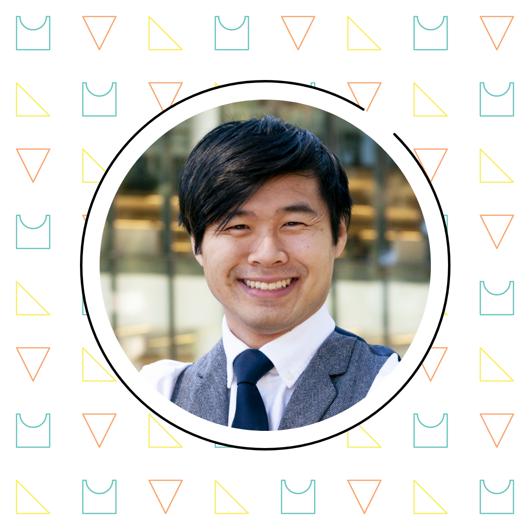 A smiling Asian man in a suit and tie, framed by a circle with a background of colorful geometric shapes, solves a viral math problem.