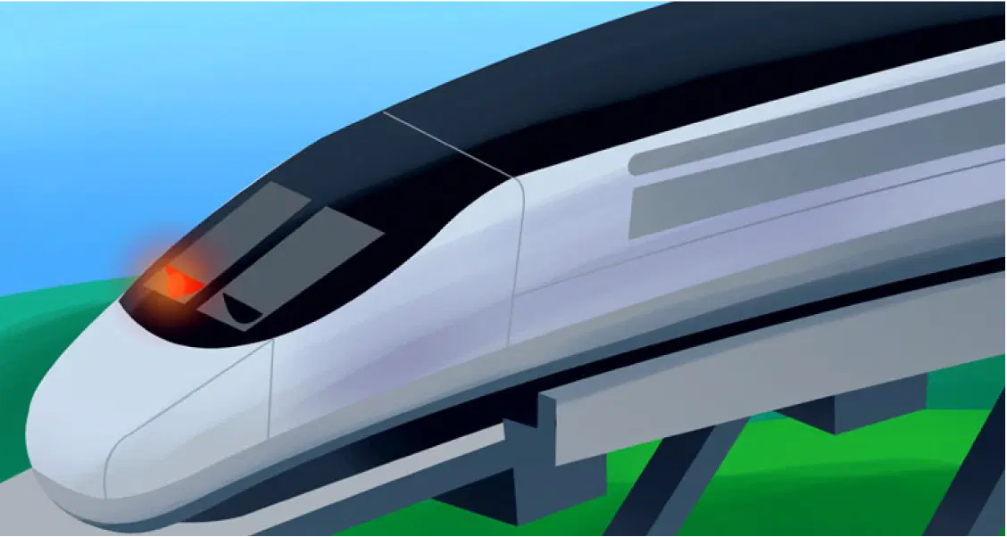 Una ilustración de un tren de alta velocidad moderno y aerodinámico que viaja por una vía elevada con un paisaje verde de fondo.