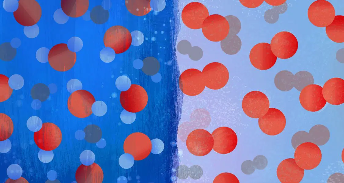 Obra de arte digital abstracta que presenta numerosos círculos rojos y grises superpuestos sobre un fondo dividido de azul y violeta claro, creando una composición dinámica y enérgica.