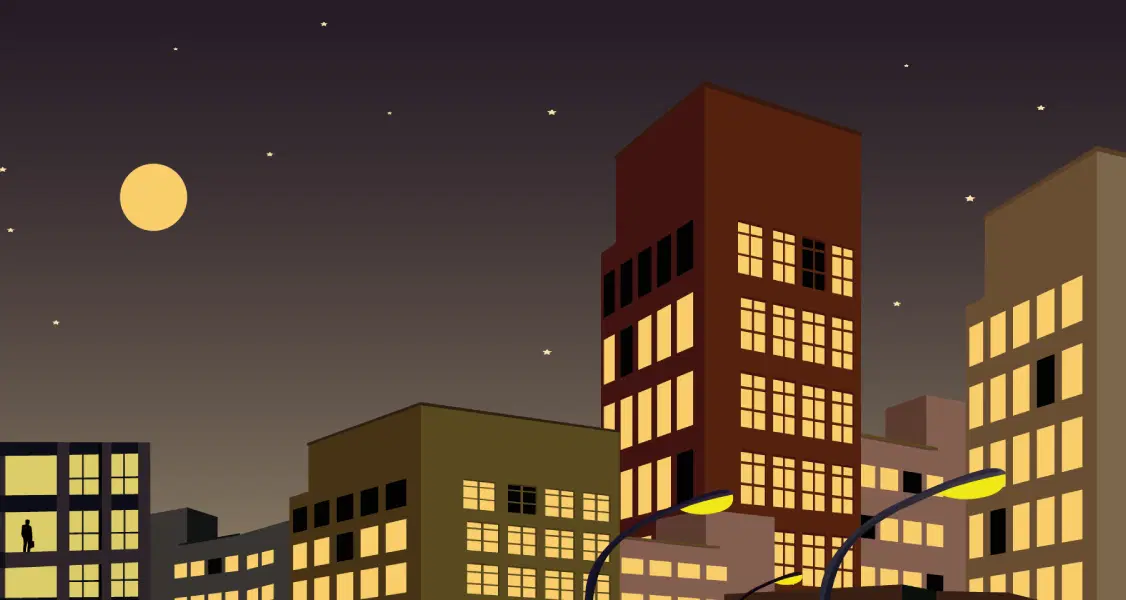 Ilustración de un paisaje urbano nocturno con ventanas iluminadas y farolas, una luna visible y estrellas en el cielo. Una figura solitaria se recorta en una de las ventanas.