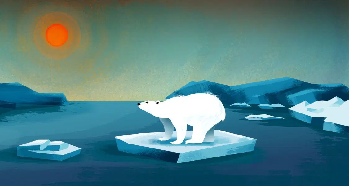 Un oso polar se encuentra sobre un pequeño témpano de hielo en el océano con un sol naranja en el cielo y lejanas montañas heladas al fondo.