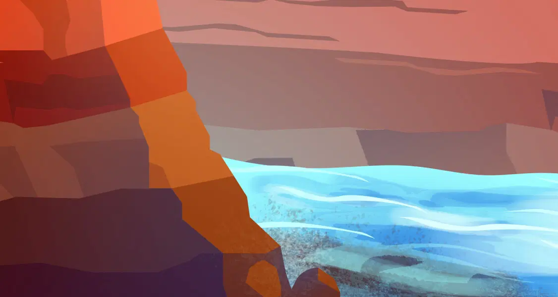 Ilustración de una costa rocosa con acantilados angulares en tonos rojizos a la izquierda y una masa de agua azul debajo.