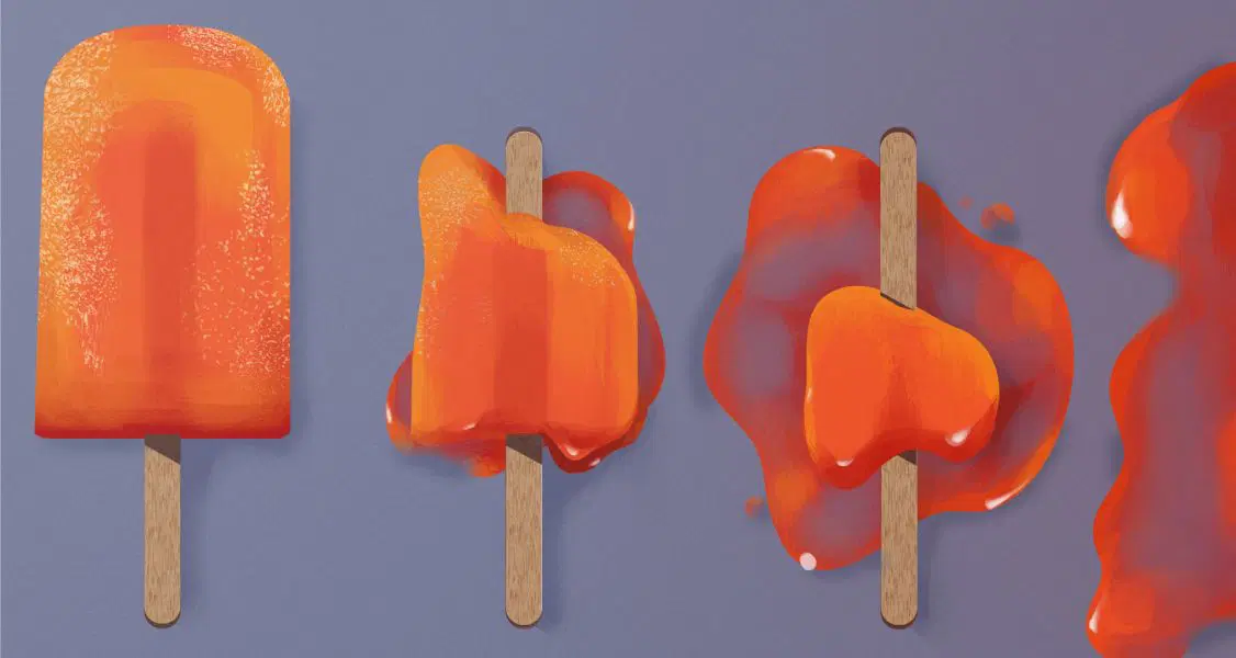 Ilustración que muestra las etapas de fusión de una paleta de naranja: entera, parcialmente derretida, más derretida y casi derretida por completo, con palitos de madera, sobre un fondo morado.