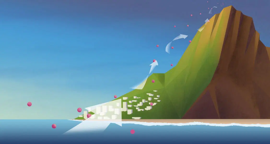 Ilustración de un paisaje costero con una montaña y flechas que representan el flujo del viento sobre y alrededor de la montaña, lo que indica la dinámica del flujo de aire.