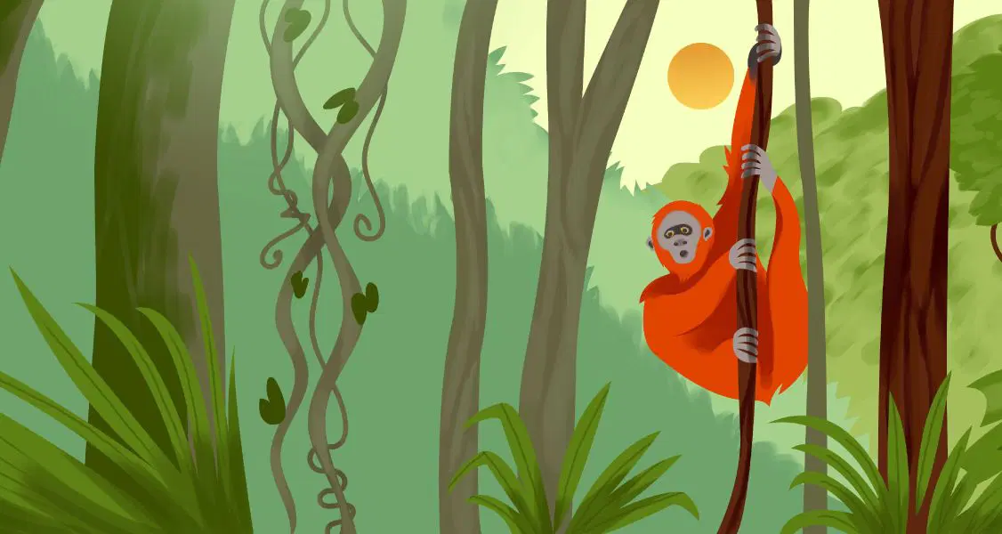 Un orangután con un pelaje naranja cuelga de una enredadera en una densa y verde jungla con árboles y plantas, mientras el sol brilla de fondo.