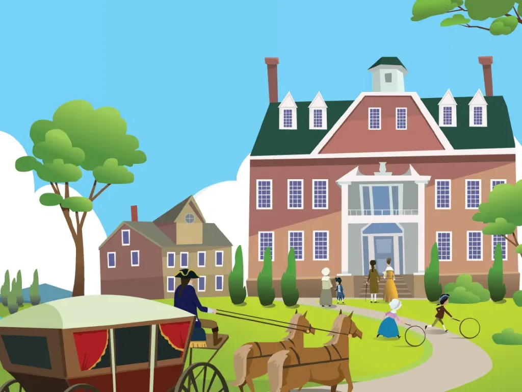 Una escena histórica muestra gente afuera de una gran mansión de estilo colonial con dos chimeneas. En primer plano se ve un carruaje tirado por caballos y a la izquierda se ve una casa más pequeña.
