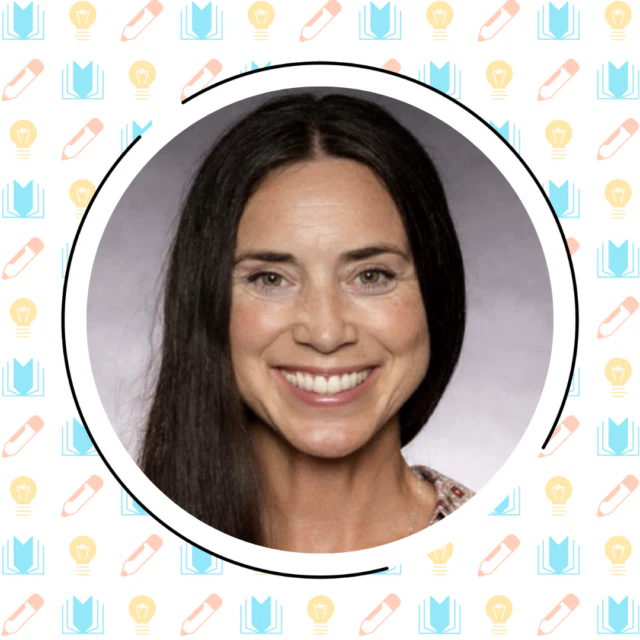 Portrait of a smiling woman with long dark hair, set against a patterned background framed within a white circle, designed by Danielle Thompson.
