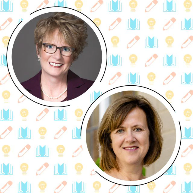 Two women are pictured in circular frames against a patterned background of lightbulbs, books, and pencils, indicative of the science of reading podcast. The woman in the top frame has short hair and wears glasses, while the woman in the bottom frame has shoulder-length hair.