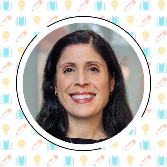 A smiling woman with long dark hair, framed within a circle against a background decorated with medical icons like syringes and test tubes, embodies the concept of knowledge-building in healthcare.