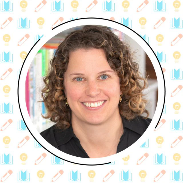 Portrait of a smiling woman with curly hair, wearing a black top, encircled by a frame with colorful stationery icons, exemplifying the joy of reading.