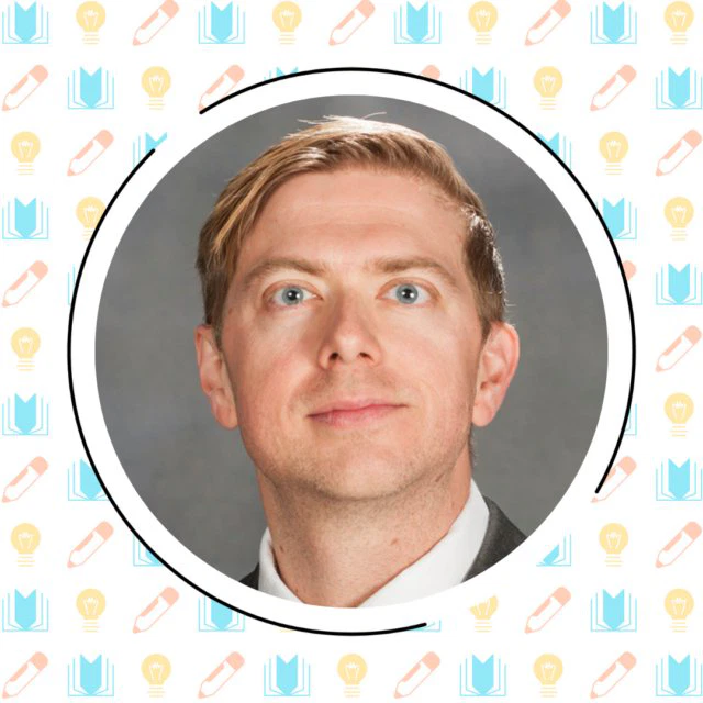 A man with short blonde hair and blue eyes, wearing a suit, looks upward, framed by a circular border on a background with medical icons related to dyslexia in children.