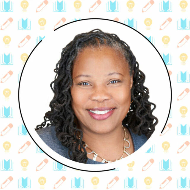 Portrait of a smiling woman with twist braids against a background patterned with symbols of books and pencils, framed in a white circle, symbolizing the importance of scaffolding in education.