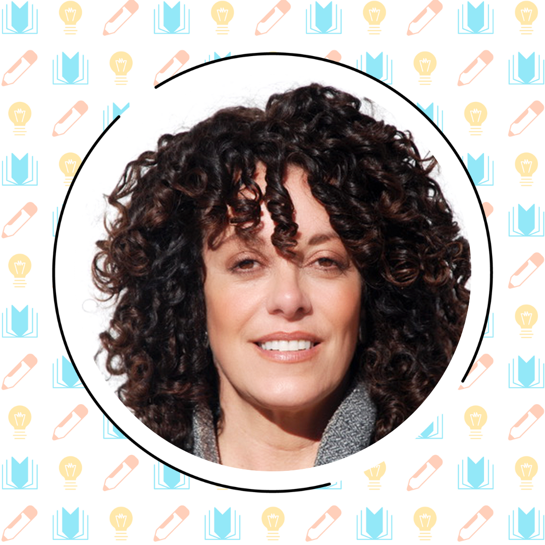 A woman with curly dark hair smiles at the camera in front of a background with icons of light bulbs, books, and pencils, perfectly capturing her passion for knowledge building and love for the science of reading podcast.