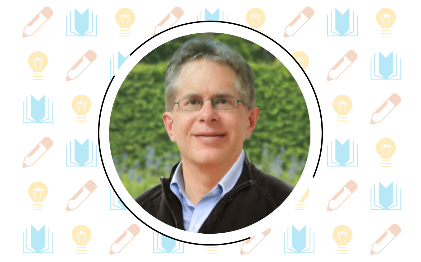 A person wearing glasses and a dark jacket, smiling amid a green background, embodies Todd Collins' passion for literacy in schools. The image is elegantly framed by light bulbs, books, and pencils, symbolizing the tools of a dedicated literacy expert.