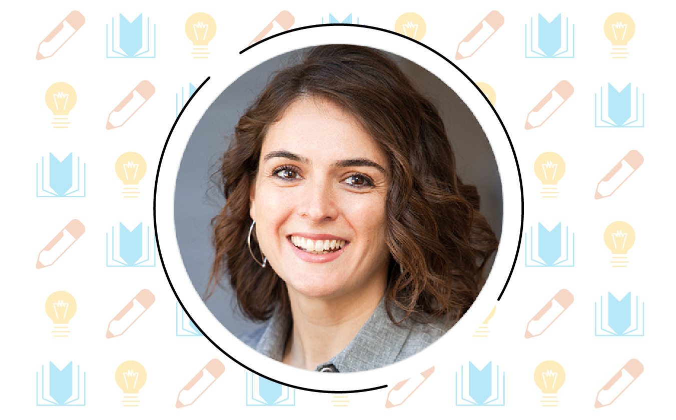 A person with shoulder-length hair smiles in a circular frame, surrounded by a backdrop that celebrates teachers with lightbulbs, pencils, and open books—symbolizing quality curricula.