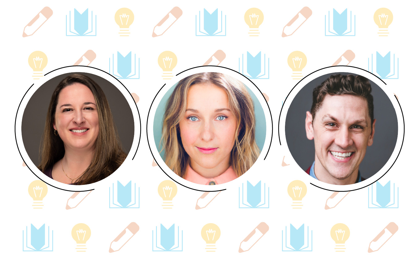 Three people are shown in individual circular frames against a pattern of books, pencils, and lightbulbs, embodying the foundational reading skills advocated by the reading league. The first person is smiling, the second looks forward, and the third person is also smiling.