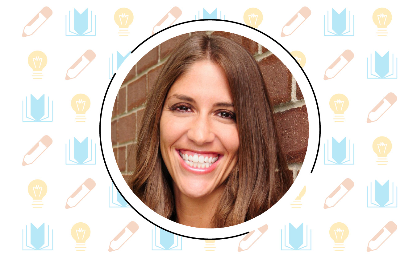 A person with long brown hair smiling against a brick background, surrounded by icons of pencils, books, and light bulbs—a tribute to educators like Dr. Jennifer Throndsen who inspire learning in schools in Utah.