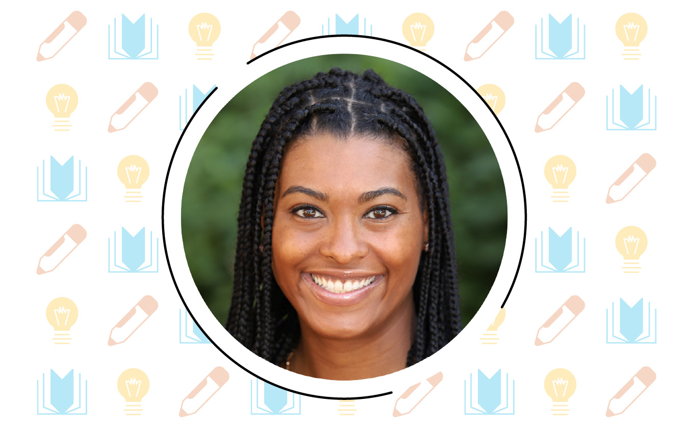 Smiling person with braided hair in a circular frame, set against a patterned background with lightbulbs, books, and pencils.