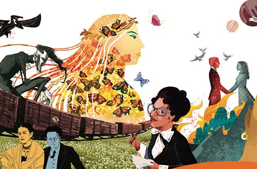 Illustration featuring diverse people, butterflies, birds, and a train, with abstract elements blending nature, art, and human figures across the composition.