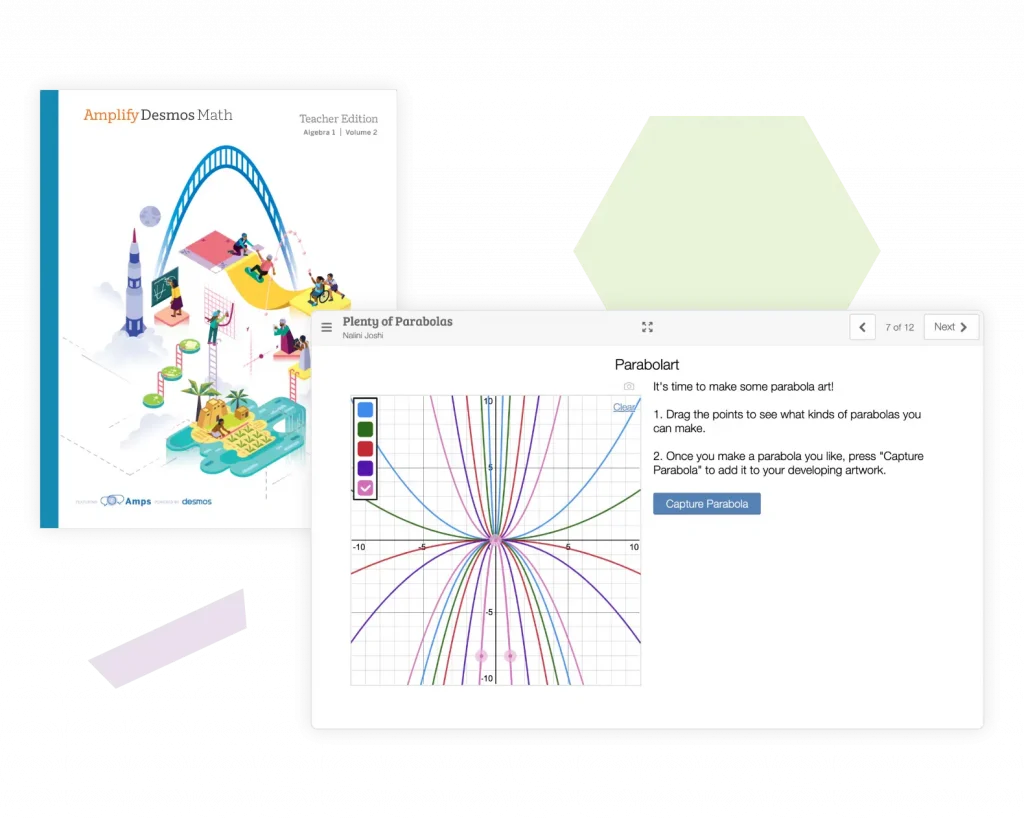 Math textbook cover and a colorful graph on a website interface, depicting parabolas and offering interactive tools for capturing parabolic shapes.