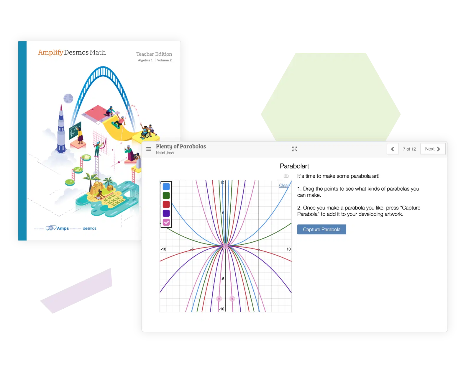 Math textbook cover and a colorful graph on a website interface, depicting parabolas and offering interactive tools for capturing parabolic shapes.
