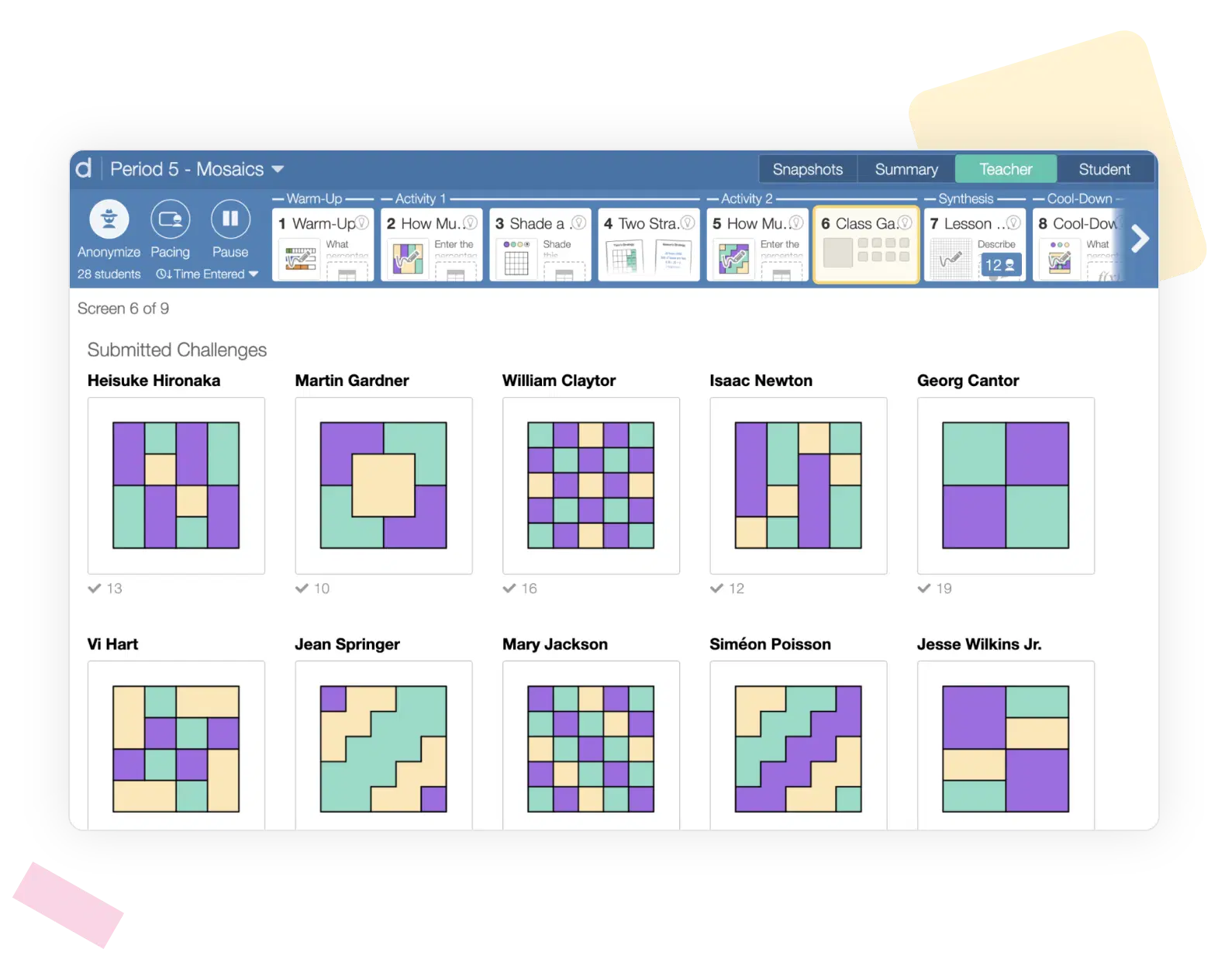 Computer interface displaying various mosaic patterns submitted by users, each in different color combinations and grid shapes, with labels beneath each design.