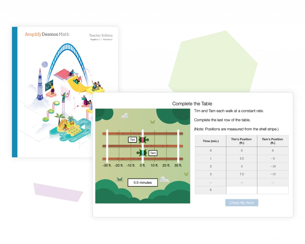 Math workbook page with a graph and table. It shows Tim and Tam walking at a constant rate. Instructions to complete the table and "Check My Work" button are visible.