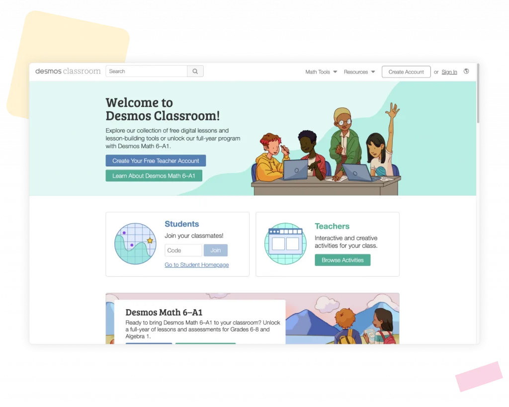Desmos Classroom homepage featuring illustrations of students and teacher with laptops, buttons for teacher account creation, and sections for students and teachers.