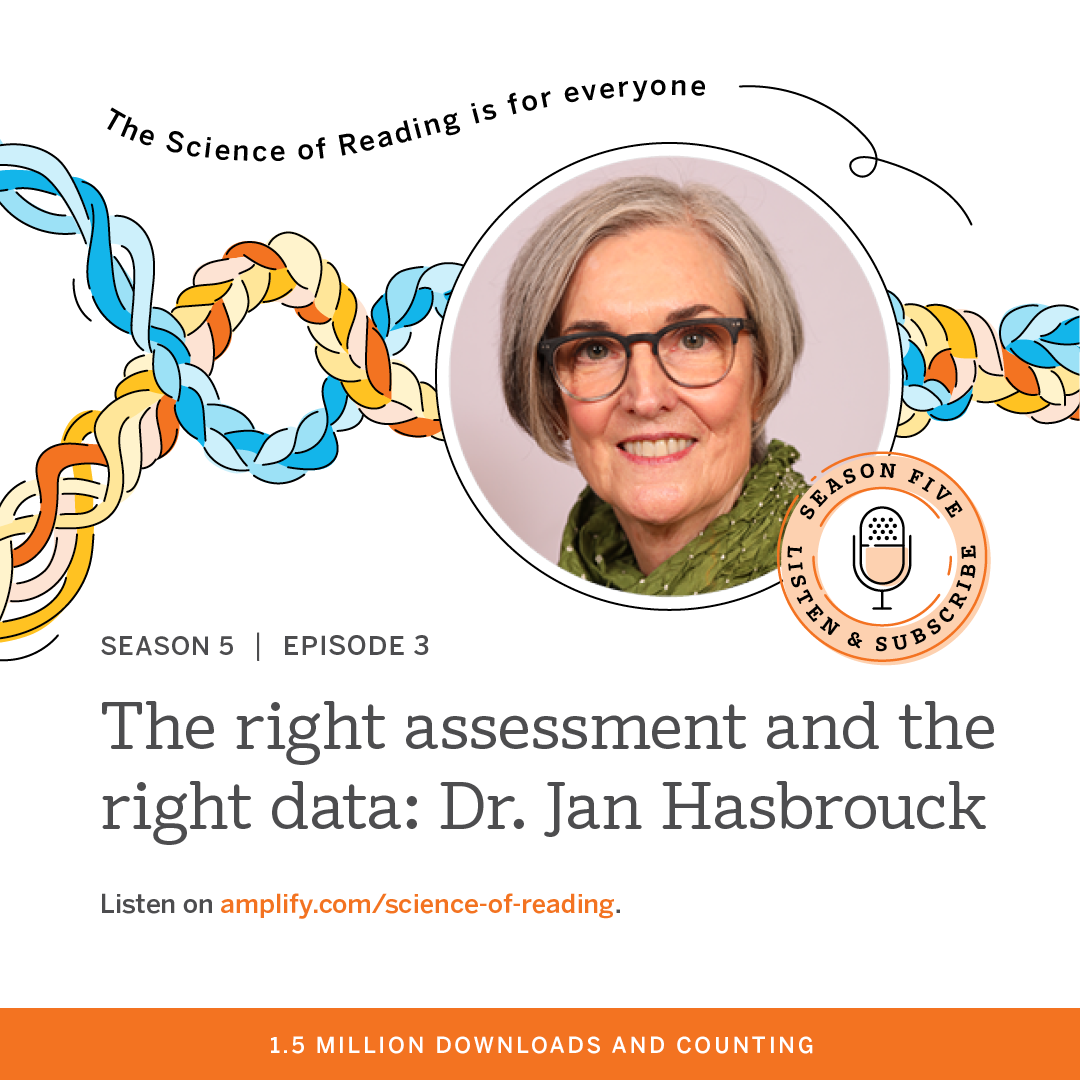 Image with colorful DNA-like strands. A person is pictured in a circular frame. Text: "The right assessment and the right data: Dr. Jan Hasbrouck, Season 5, Episode 3.