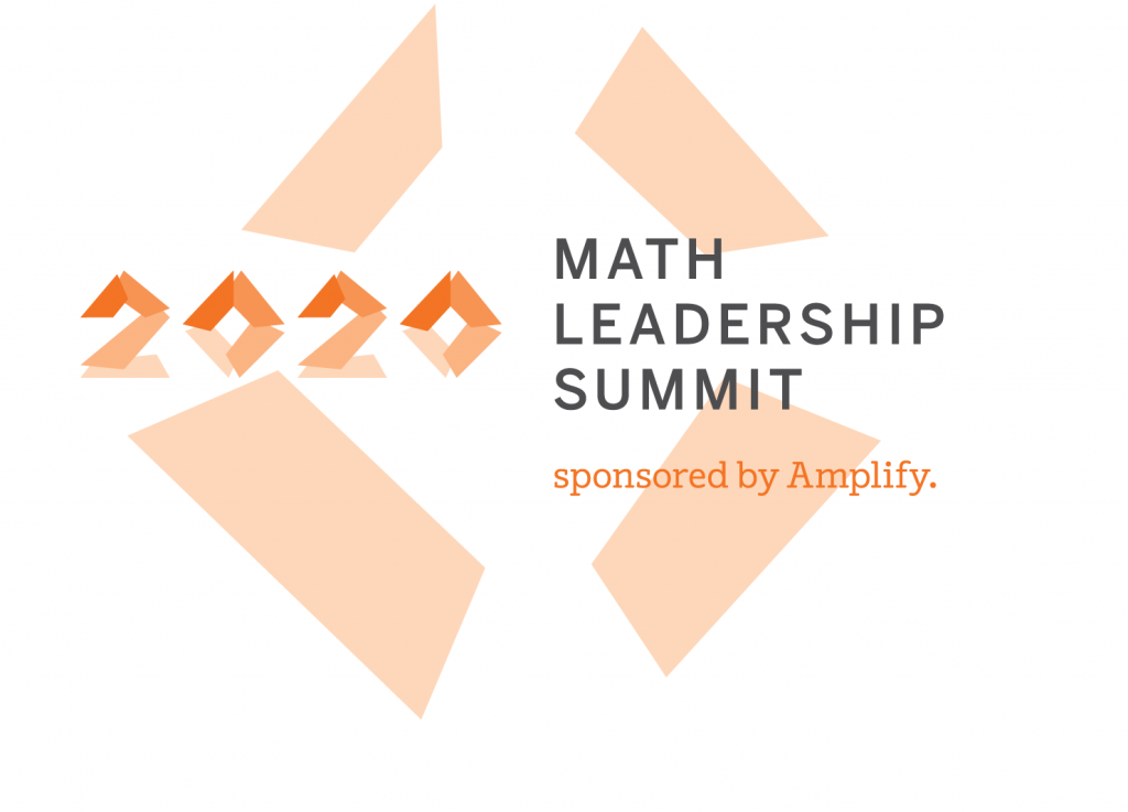 Geometric shapes and bold text highlight "2020 Math Leadership Summit" with a note of sponsorship by Amplify.