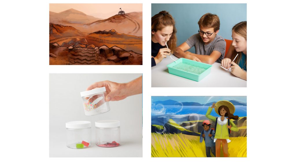 A collage of images: top left, digital art of a desert scene; top right, three kids doing a science experiment; bottom left, a hand holding a jar and two others beside; bottom right, digital art of a person and child in a field.