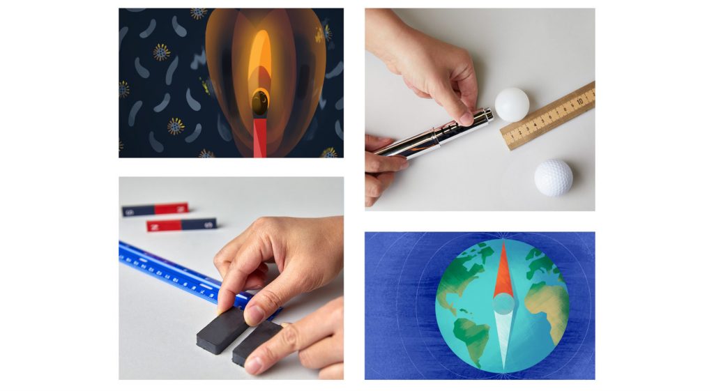 A collage of four images: a magnet illustration, hands with a compass and balls, hands holding a bar magnet and ruler, and a graphic of Earth with compass needles.