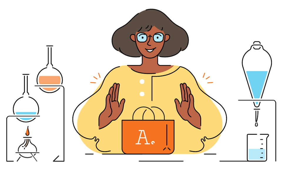 Illustration of a person in a yellow shirt with a shopping bag, surrounded by chemistry lab equipment like beakers and a separatory funnel.
