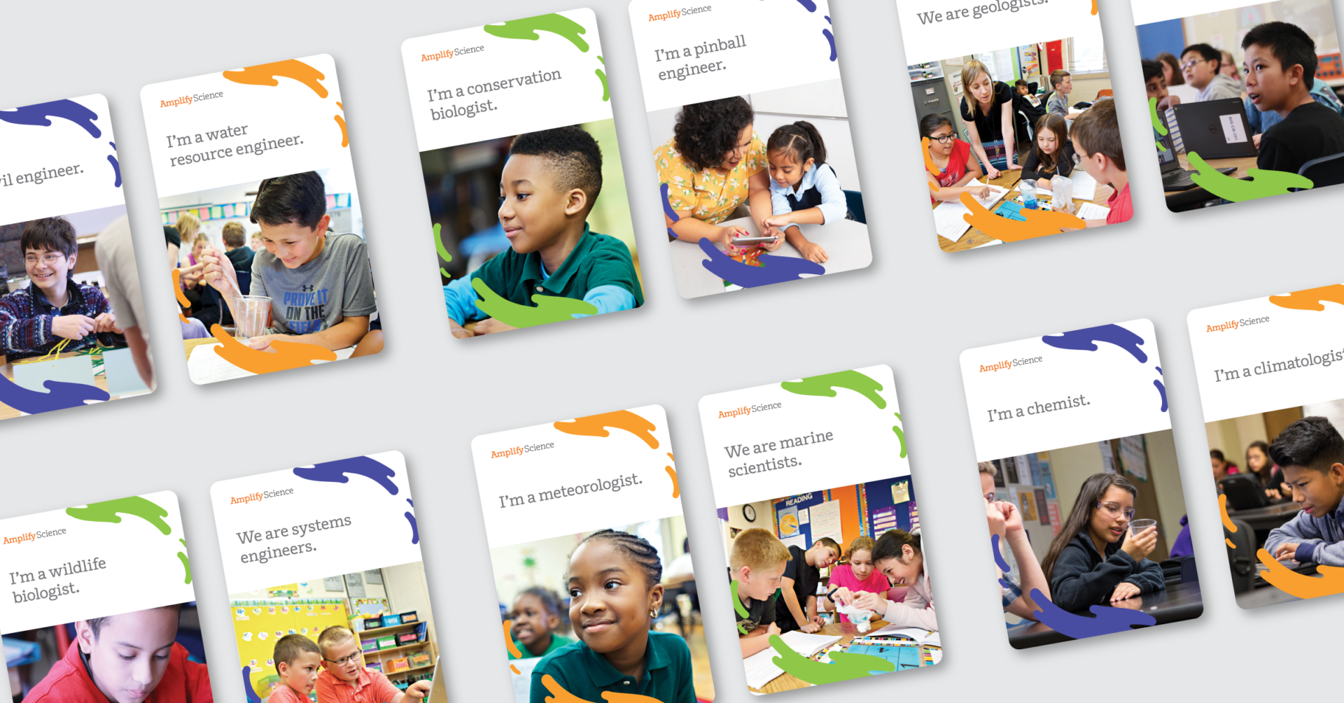 An array of educational cards featuring diverse children engaged in science activities, each card highlighting a different science-related profession.