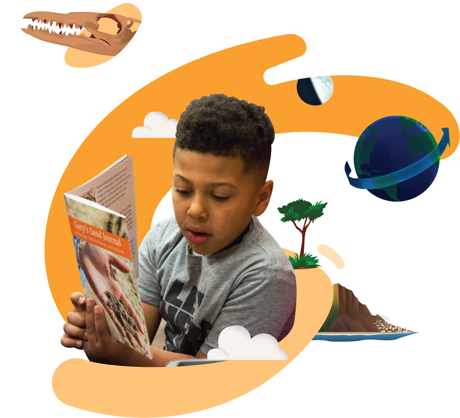 A boy reads a book titled "Gary's Seed Journal," surrounded by illustrated elements like a globe, trees, and clouds. Upper left shows an illustration of a dinosaur skull.