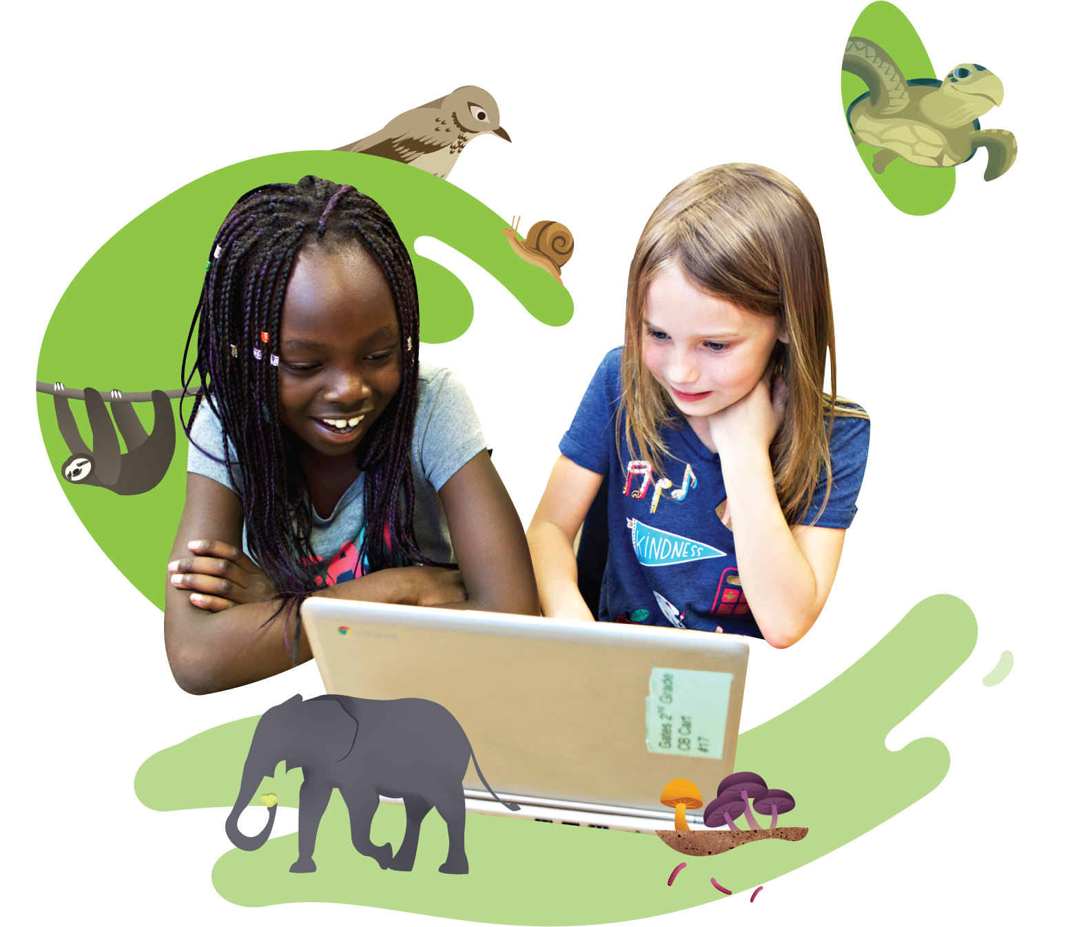Two children smiling at a laptop, surrounded by illustrations of animals like an elephant, sloth, and birds.